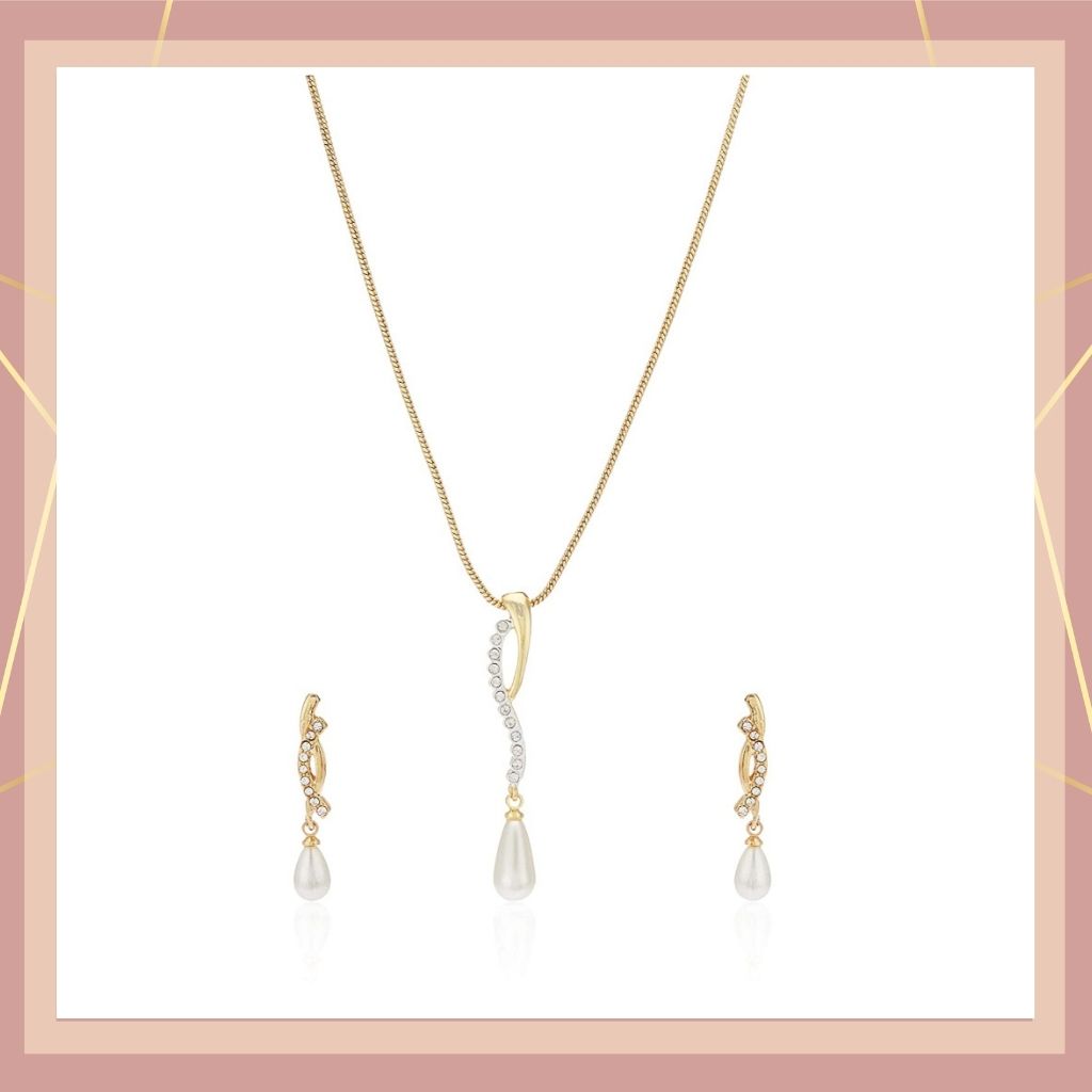 Estele Gold Plated Pearl Drop Chain Necklace Set for Women