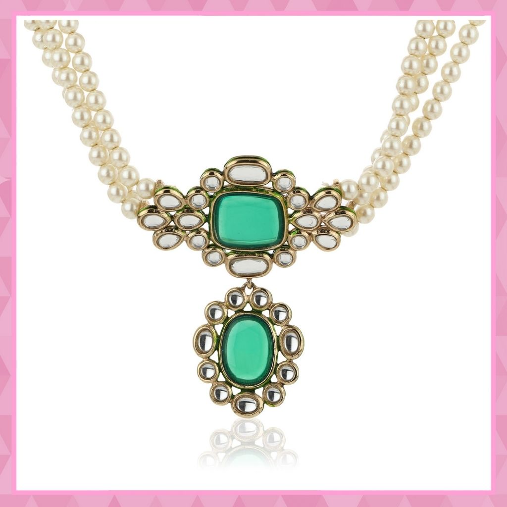 Estele Stunning Emerald and Kundan Choker Set with Pearls for Women