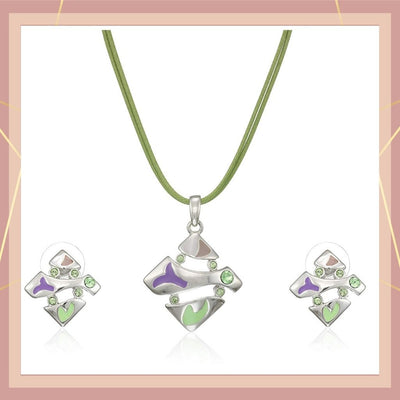Estele Silver Tone Square Shape with Enamel and Crystal Necklace Set for Women