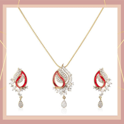 Estele 24 Kt Gold Plated American Diamond with Red Enamel Mango leaf Necklace Set for Women