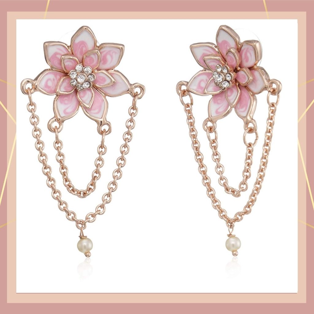 Rose Gold Plated Flower petal Rhinestone Pearls Drop Pendant set