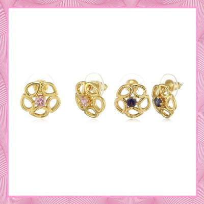 Estele Valentine Gift American Diamond Floral Stud Earrings(BLUE & PINK)
