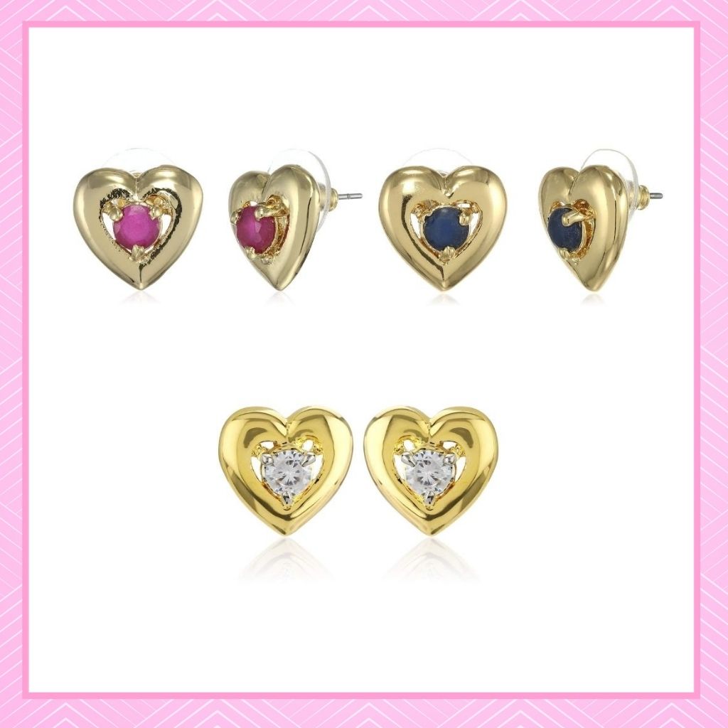 Estele Valentine Gifts for Girlfriend/Wife: 3 Pairs Hearts Gold Plated Stud Earrings For Girls & Women
