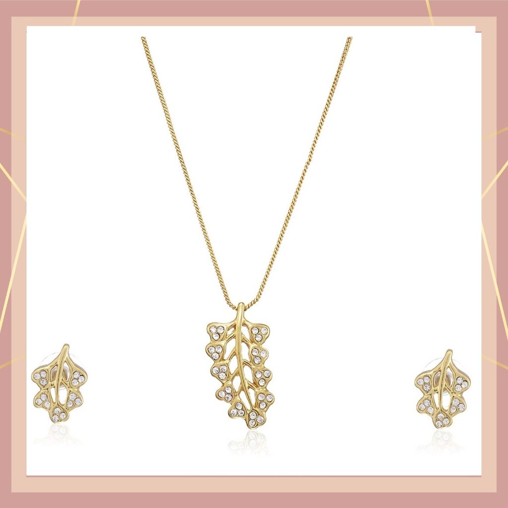 Estele 24 Kt Gold Plated Diamond Leaf with Austrain Crystal Chain Necklace Set for Women