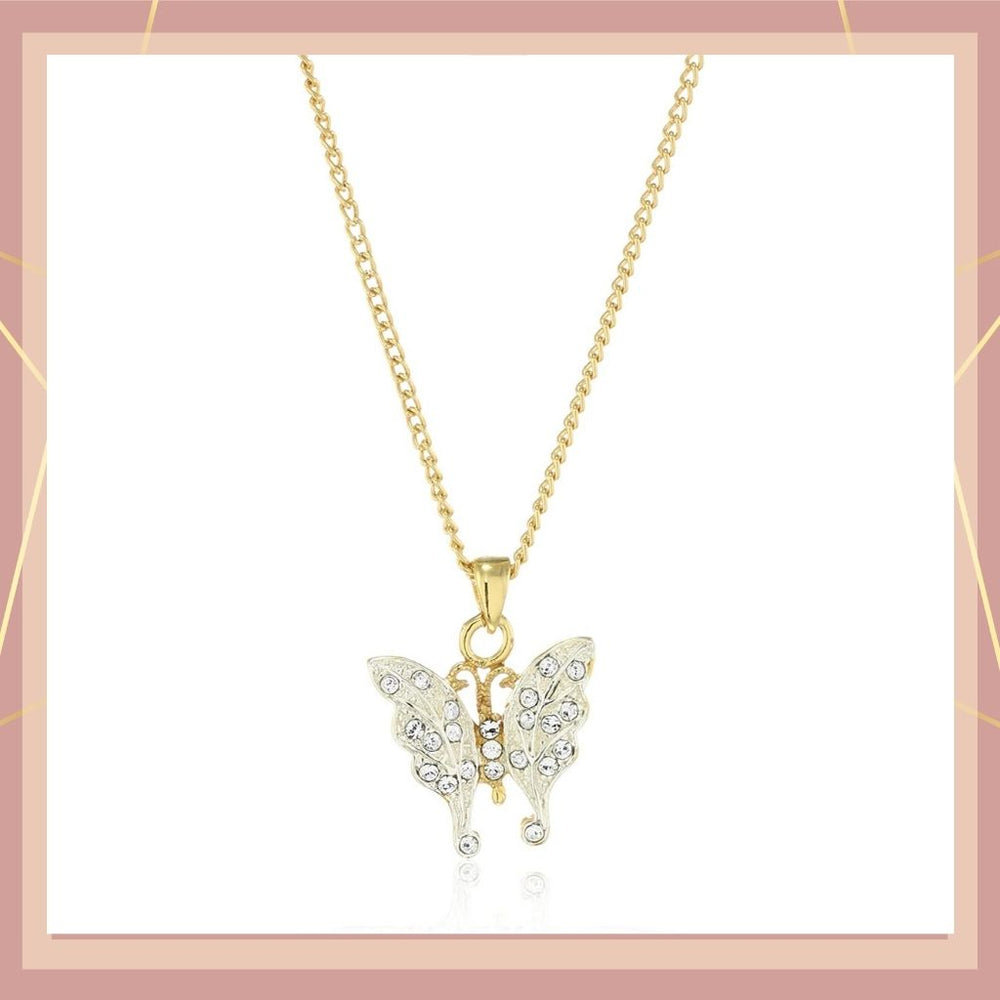 Estele Gold Rhodium Plated Stunning White Crystals Adorned Pretty Butterfly Pendant Necklace with Chain for Women Girls