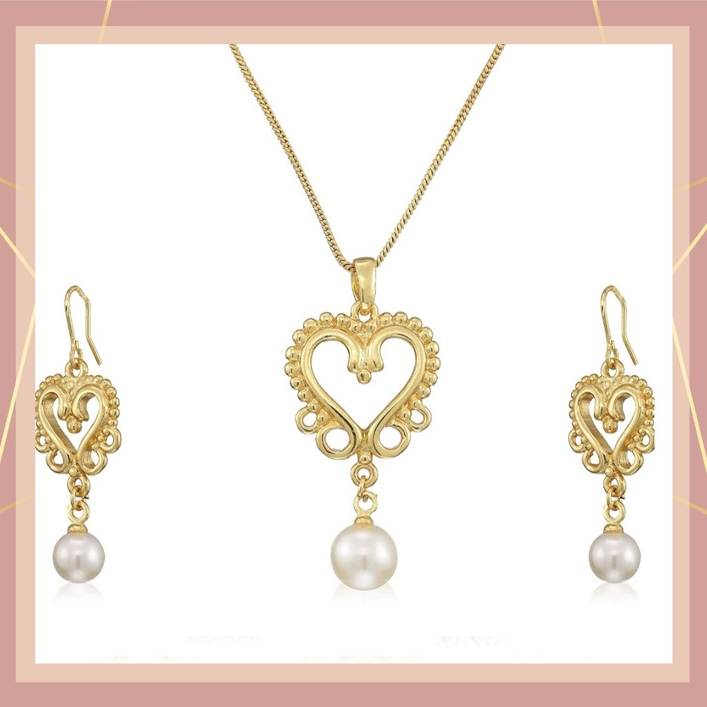 Estele Gold Plated Heart Shape with Pearl Drop Pendant Set for Women