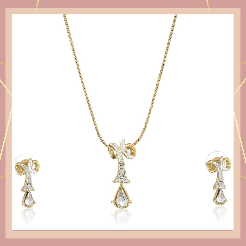 Estele 24 Kt Gold Plated Twisted Drop with Fancy Austrian Crystal Necklace Set for Women