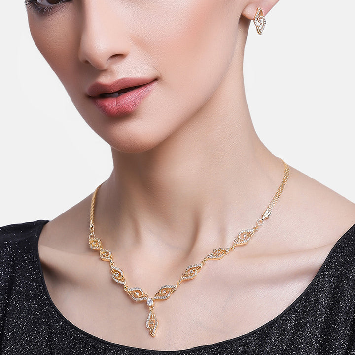 Stylish Matt Gold plated American Diamond CZ Banded Tulip Necklace