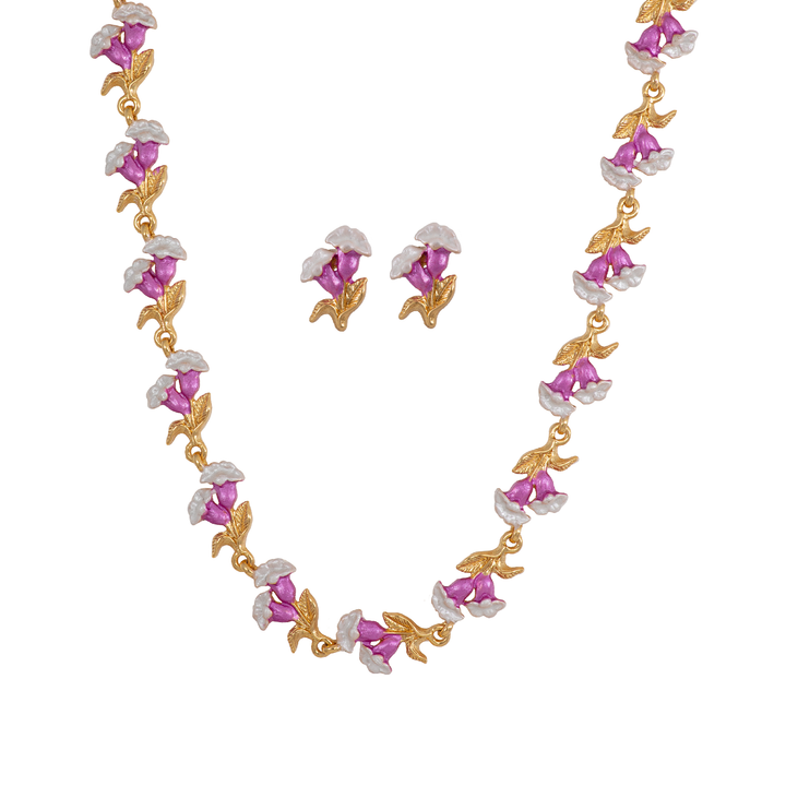 Estele Gold Plated Floral Necklace set with Pink Enamel for Women