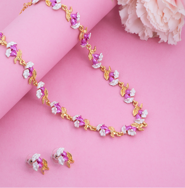 Estele Gold Plated Floral Necklace set with Pink Enamel for Women