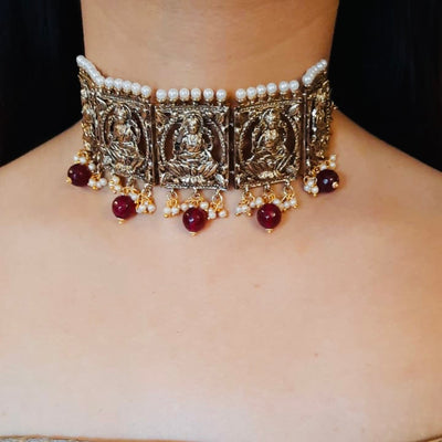Estele Gold Plated Antique Laxmi Designer Choker Necklace Set with Ruby Beads & Pearls for Women