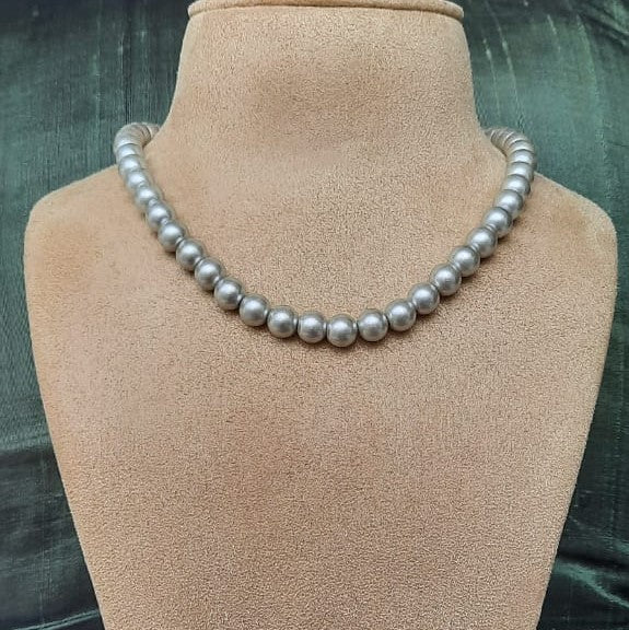 Estele Rhodium Plated Sparkling Grey Pearl Single Line Necklace for Women