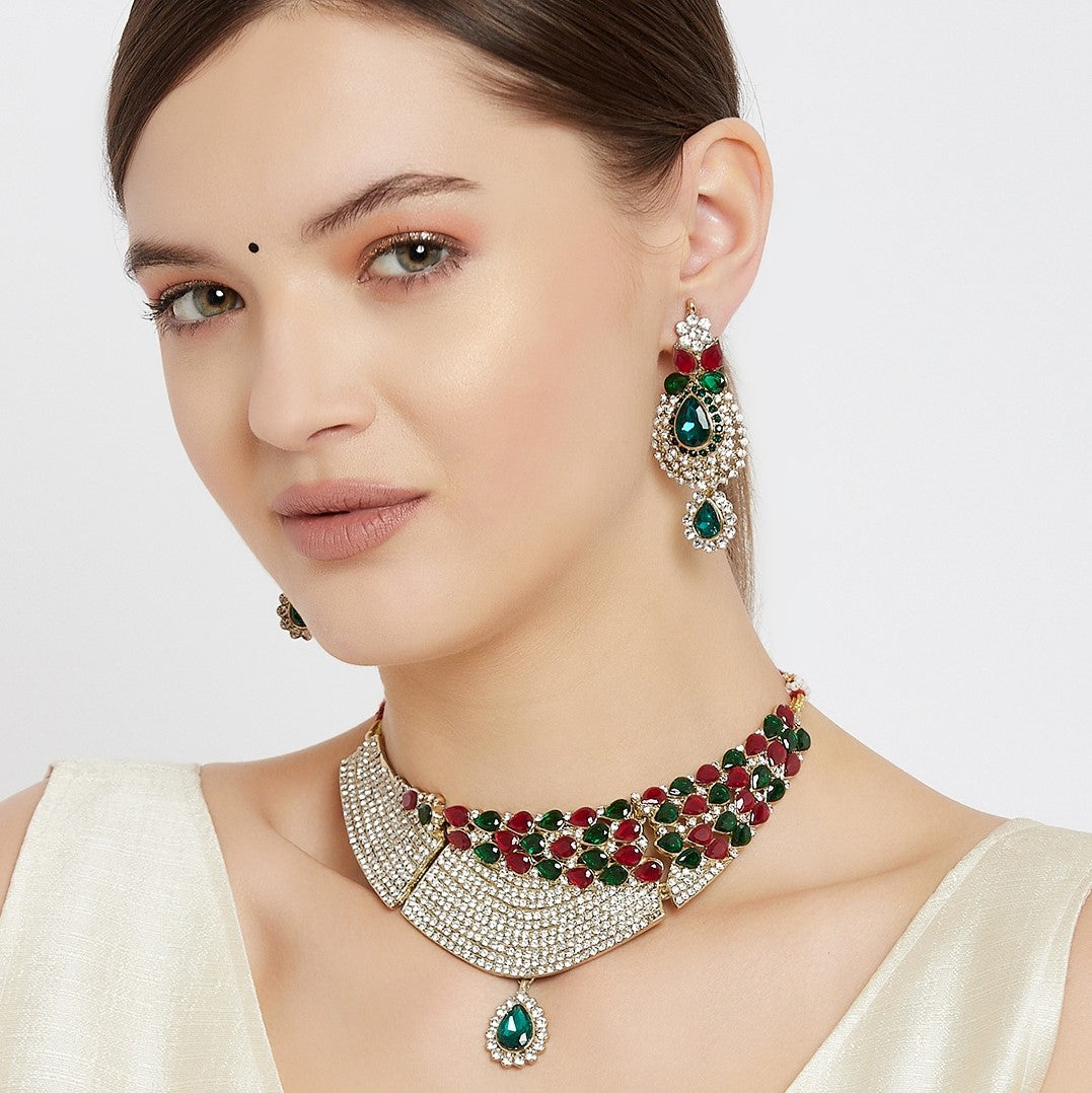 Estele - Ruby and Emerald Heavy Diamond Choker Necklace Set for Women