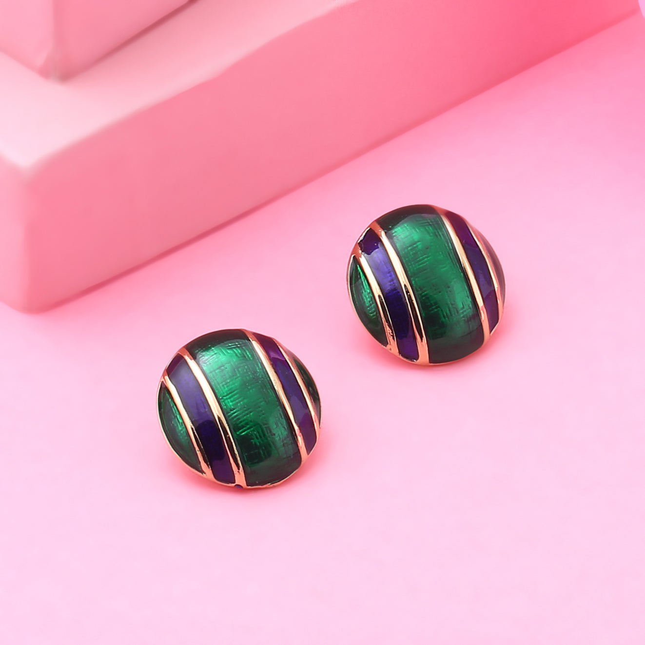 Estele Non Precious Metal Gold Plated Green Blue Pinstrip Enamel Stud Earrings for Girls