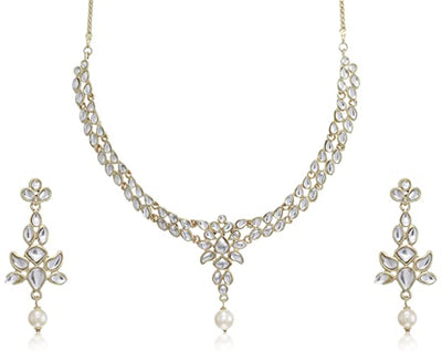 Estele 24 Kt Gold Plated Delicate Kundan Necklace set with Pearl Drop for Women