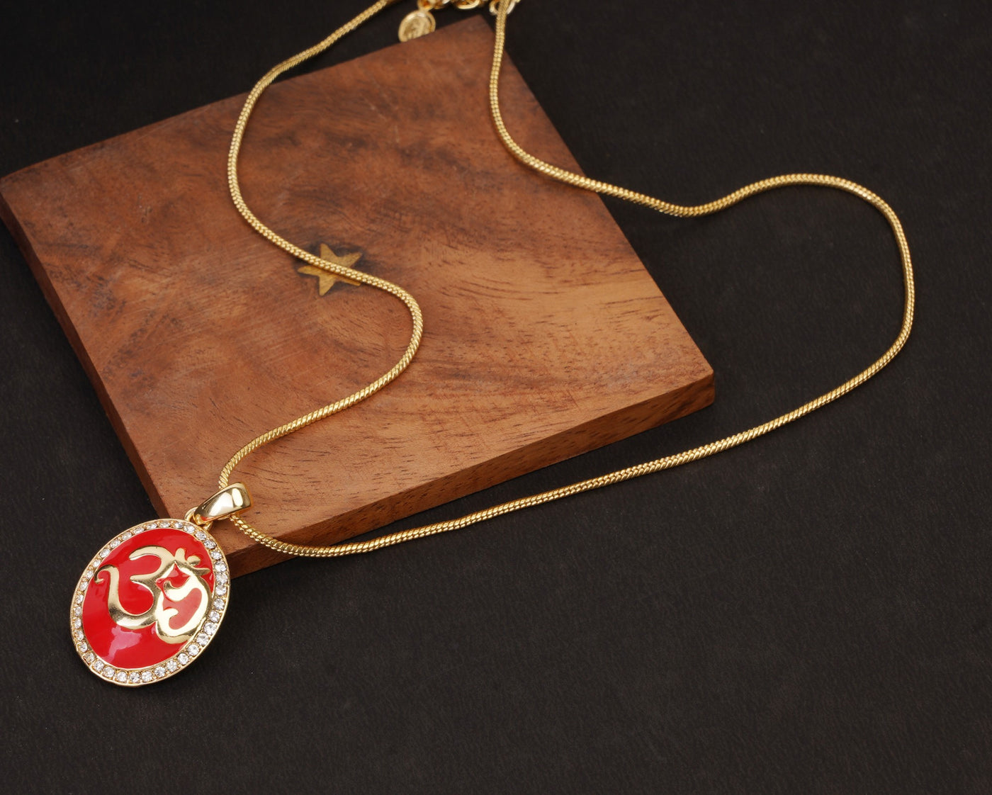 Estele - Red Enamel Gold Plated OM Pendant with Chain