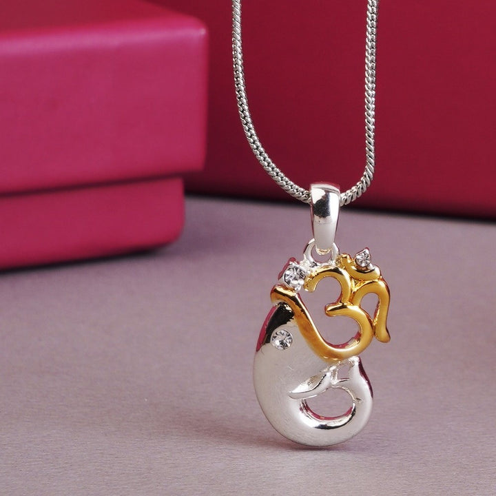 Estele Rhodium Plated Om Pendant with Austrian Crystals for Women