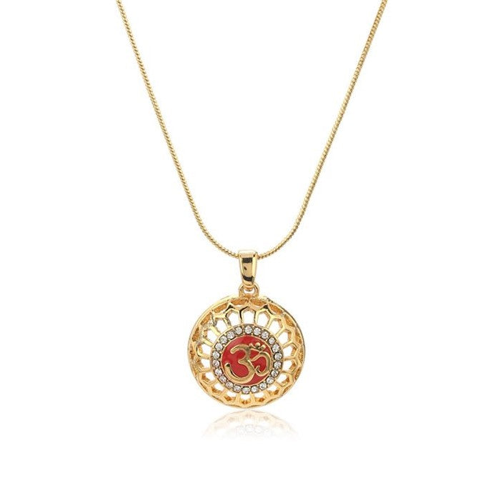Red Enamel Om Pendant Chain with Austrian Crystals