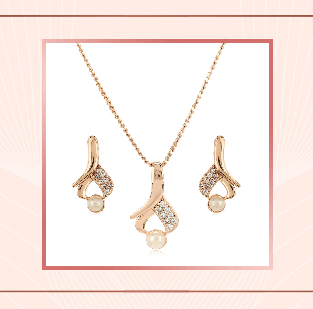 Rose Gold White Ad stone Pendant Set And Earrings For Girls And Women
