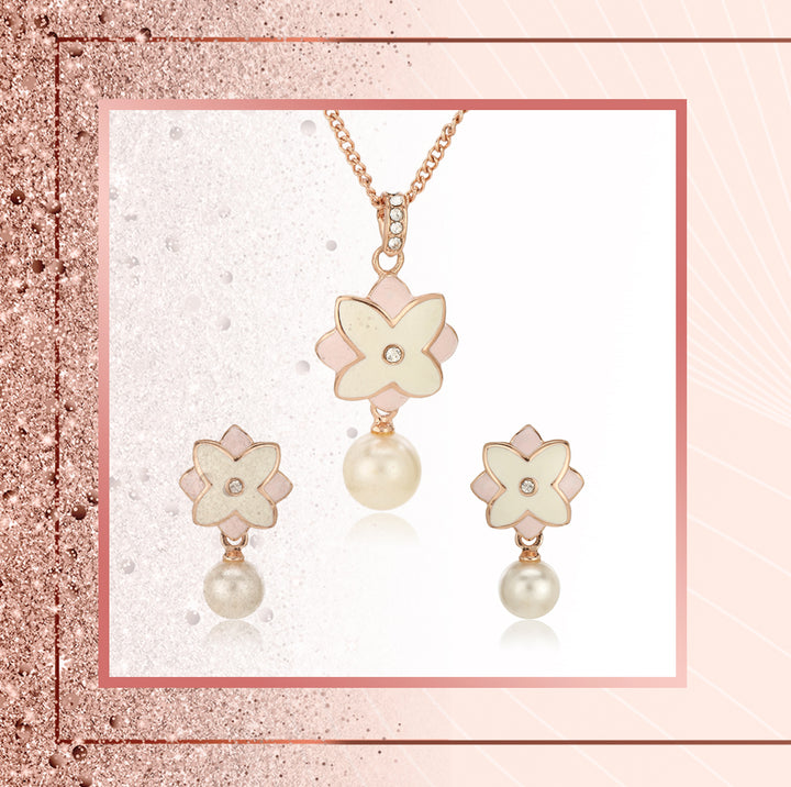 Estele Charming Rosegold Plated Floral Shaped Pearl Drop Pendant Set for Women / Girls