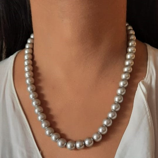 Estele Rhodium Plated Sparkling Grey Pearl Single Line Necklace for Women