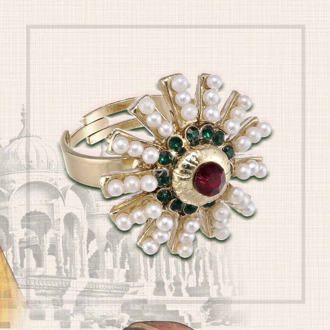 Traditional Kundan Studded Classic Style Gold Plated Crystal Cocktail Rings for Women & Girls
