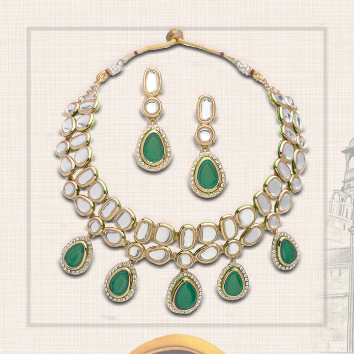 ESTELE - Traditional Polki and Emrald stones with American Diamond Necklace set for Women