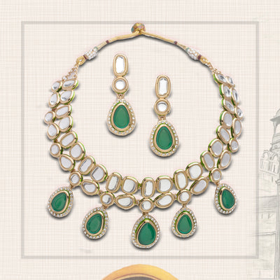 ESTELE - Traditional Polki and Emrald stones with American Diamond Necklace set for Women