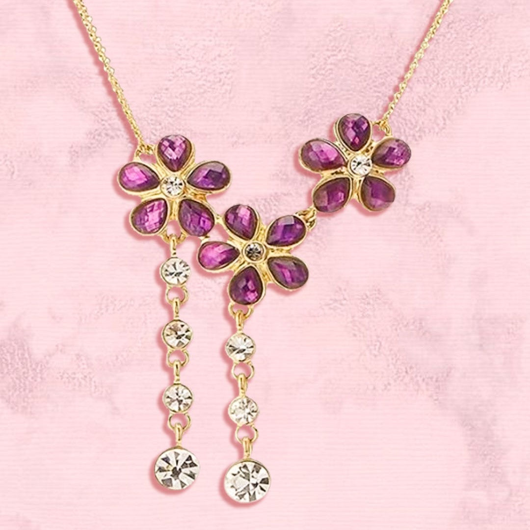 Estele 24 CT Gold plated Ruby Flowers with Austrian Crystal drops Necklace Set for Women