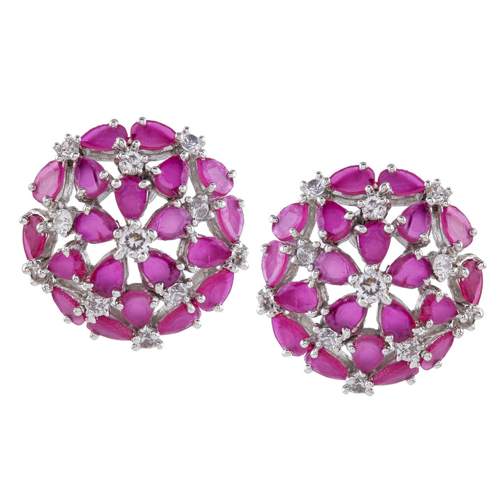 Estele Rhodium Plated Luxor Ruby Diamond Studs Earrings for Women