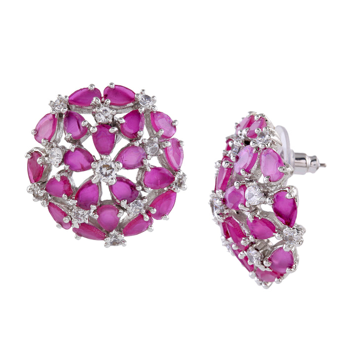 Estele Rhodium Plated Luxor Ruby Diamond Studs Earrings for Women