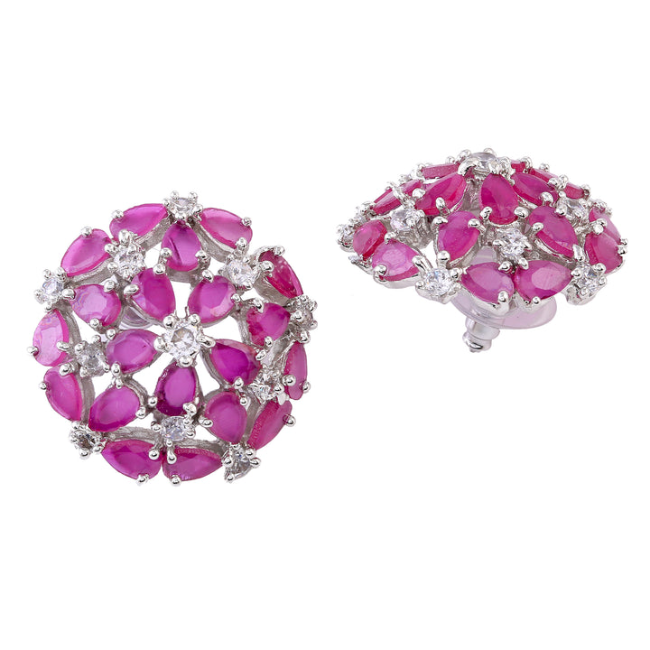 Estele Rhodium Plated Luxor Ruby Diamond Studs Earrings for Women