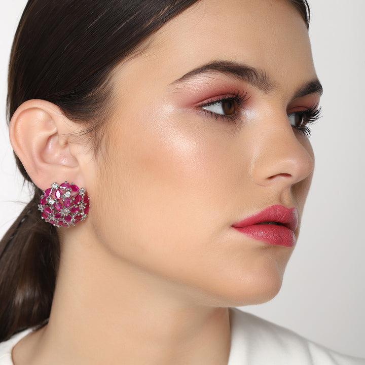 Estele Rhodium Plated Luxor Ruby Diamond Studs Earrings for Women