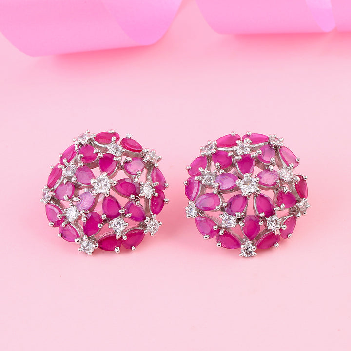 Estele Rhodium Plated Luxor Ruby Diamond Studs Earrings for Women
