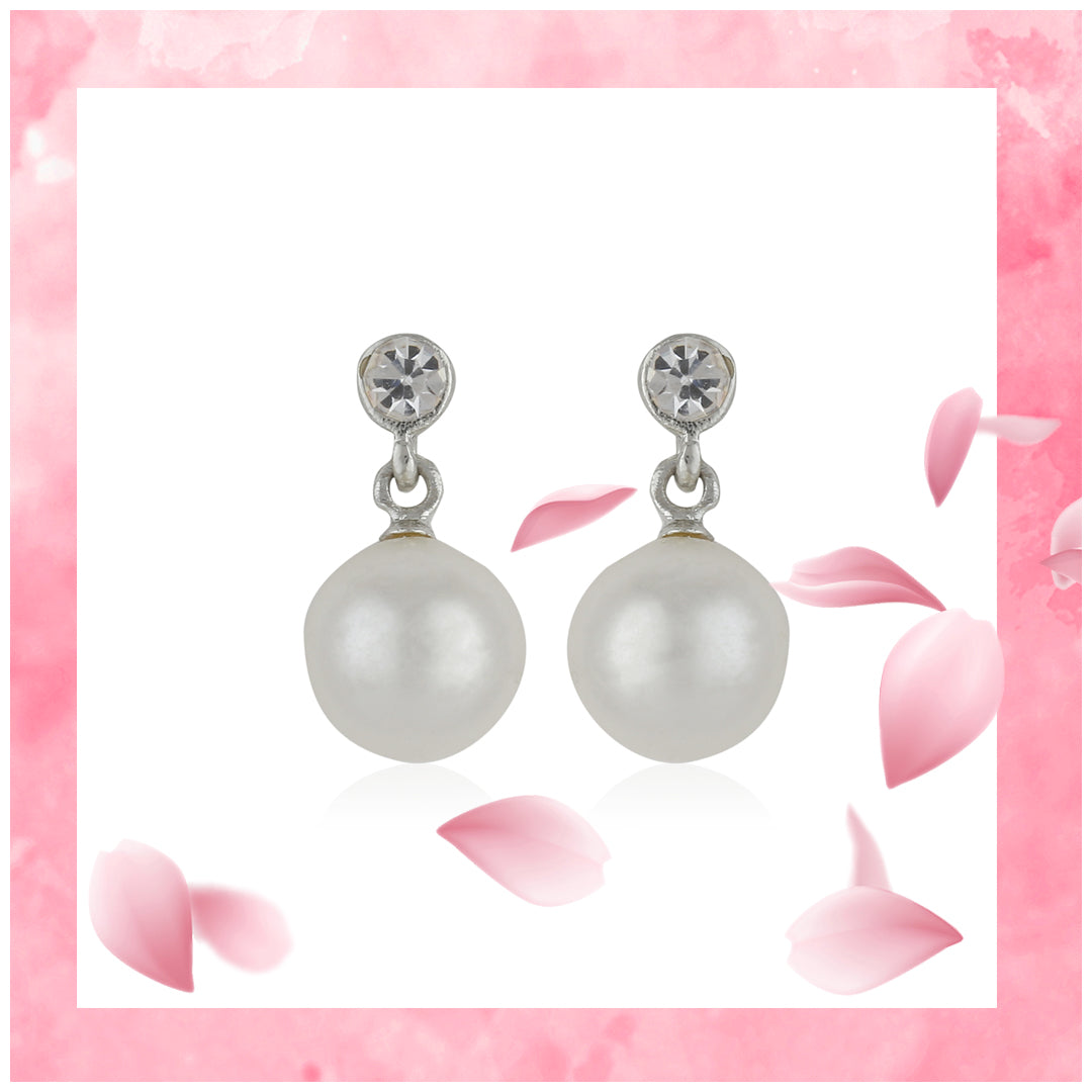 Estele Rhodium Plated Pearl Drop Earrings for Women